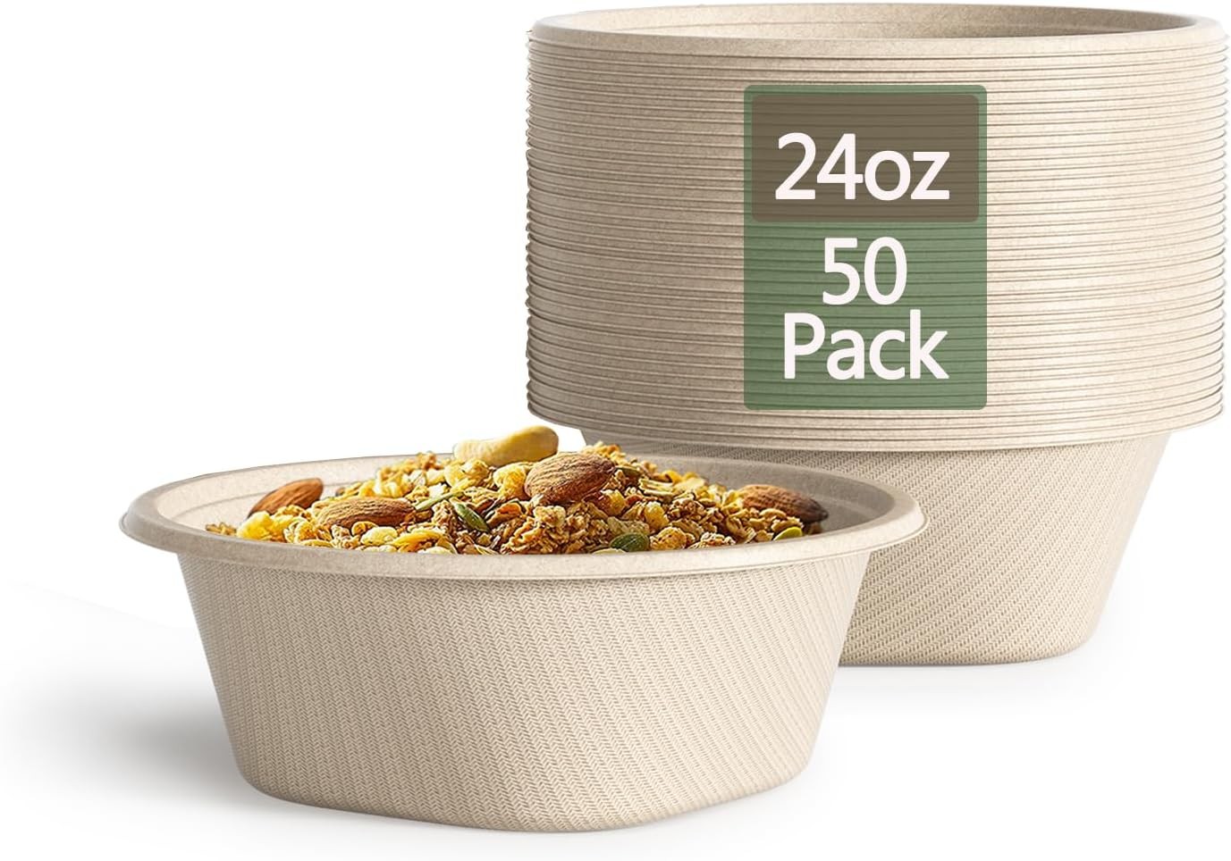 Homestockplus [50 Pack] 24 Oz Disposable Paper Bowls - Heavy Duty Disposable Bowls - Made from Natural Bagasse for Cereal, Rice, French Fries - Convenient and Compostable