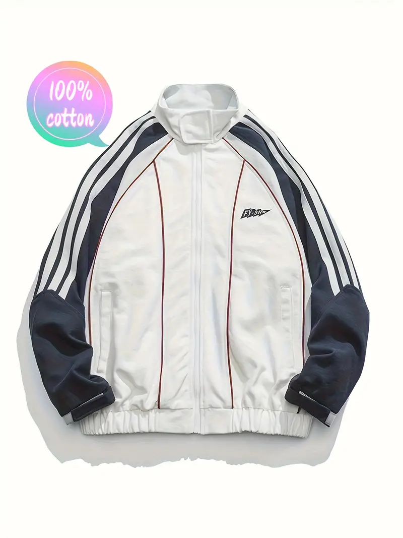 Color Block Retro Vintage Jacket, Men's Casual Zip Up Jacket Coat College Hipster Windbreaker For Spring Fall